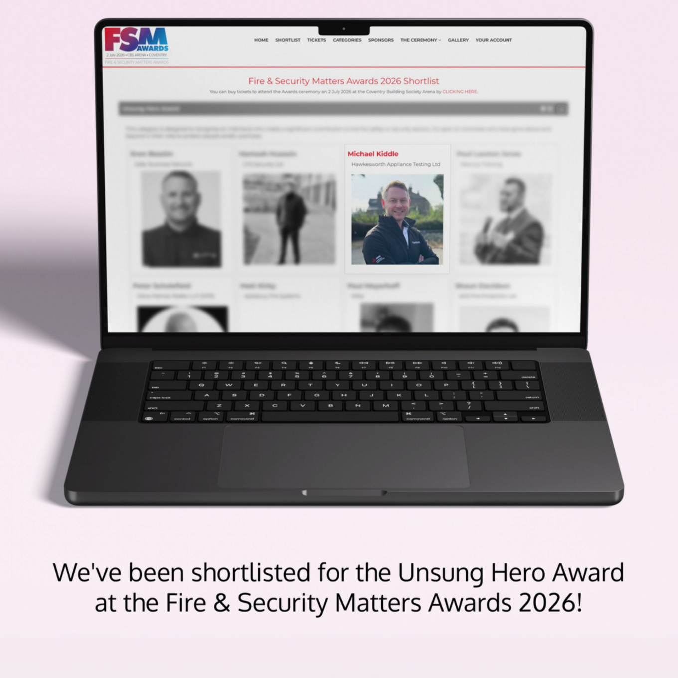 Laptop displaying Michael Kiddle of Hawkesworth on the Fire and Security Matters Awards 2026 shortlist