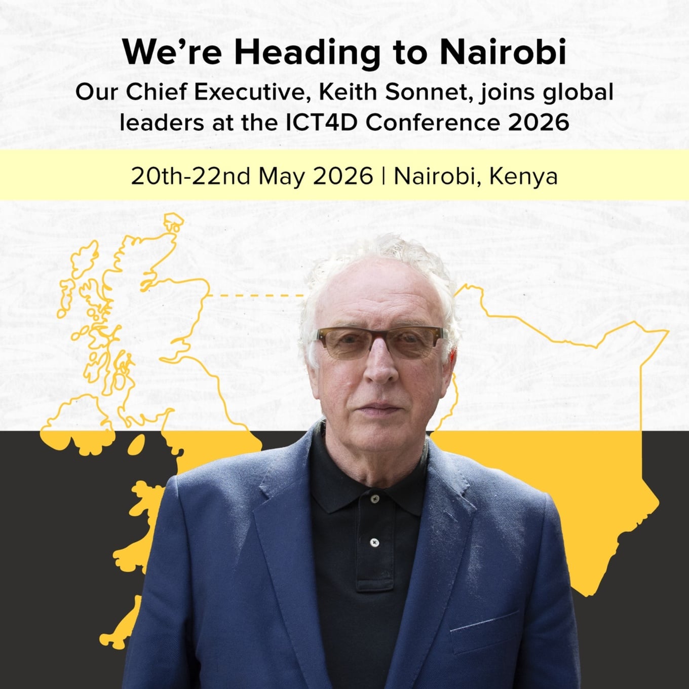 Computer Aid Chief Executive Keith Sonnet featured in a graphic announcing the ICT4D Conference in Nairobi from 20 to 22 May 2026.